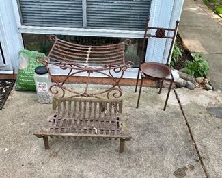 Fire grate & metal bench.