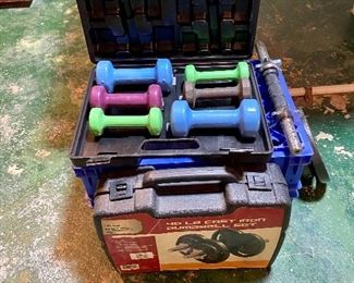 Set of hand weights & cast iron dumbbell set.