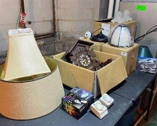 Designer lamp shades, Black Forest cuckoo clock.