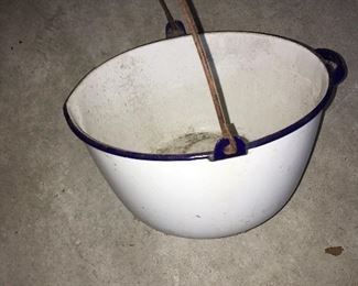 Antique enamel bucket with handle and spout
Really good condition.
measures 12” across x 6” deep. 