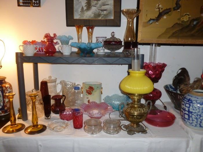 Great old glass and 2 beautiful oil lamps (electrified)