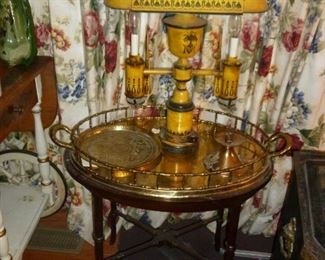 Custom table with heavy sold brass tray, vintage Tole lamp