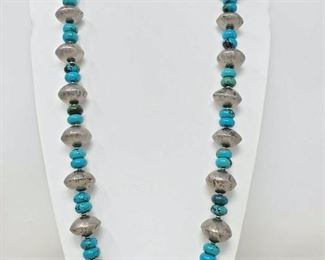#905 • Native American Old Pawn Sterling Silver & Turquoise Beaded Necklace