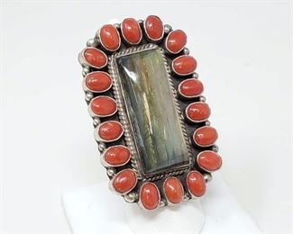 #906 • Native American G. James Labradorite with Coral Sterling Silver Statement Ring- 38.1g