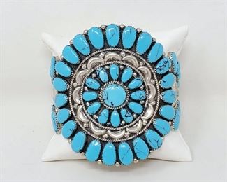 #911 • Native American Turquoise Cluster Sterling Silver Statement Cuff