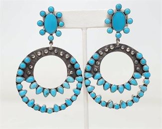 #913 • Native American Turquoise Sterling Silver Dangle Statement Earrings by Federico
