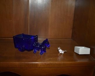 Glass Cobalt Blue Donkey and Cart plus hand blown crystal horse