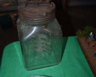 Antique Glass Jar Butter Churn and Depression Boat shaped dish