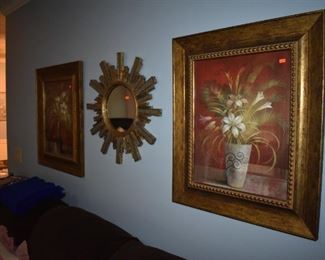 Pair of Beautifully Framed Still Life Prints and Sunburst Wall Mirror