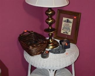 Wicker Table, Brass Lamp, etc