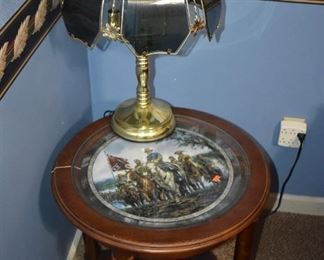 Beautiful Lamp Table inset with Civil War Scene plus Table Lamp