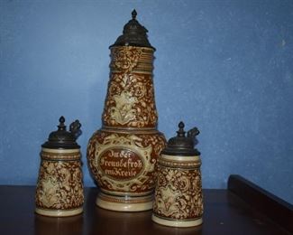 Antique German Gertz Beer Stein Pitcher plus steins. An original letter from a recognized authority on German Steins puts these steins as "antique, no older than 1850"