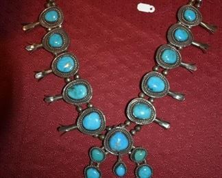 Old Pawn Pomegranite Design Squash Blossom Necklace with 18 Beautiful Turquoise Stones with 3.5" Naja, Sterling, in the family since 1963.