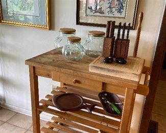 Butcher block cart on casters.