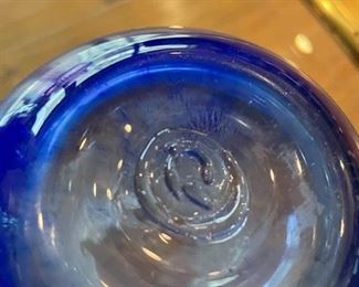 blue white & red swirl vase signature