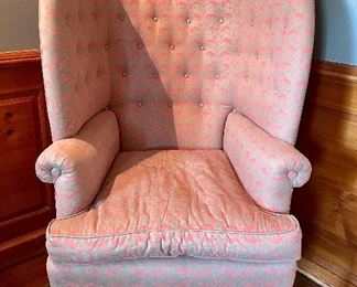 Item 35:  Mid Victorian Barrel Back Upholstered Wing Armchair- 30"l x 22"w x 47"h: $375