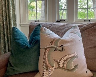 Item 17:  (2) Velour Teal Down Pillows (left) - 19" x 19":    $45/ea                                                                                                         Item 18:  (2) Down Pillows with Birds (right) - 19" x 19":    $45/ea                                  