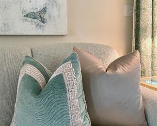 Item 21:  (4) Down Pillows with Border (left):  SOLD                                                   Item 22:  (4) Silver Down Pillows (right):  $45/ea