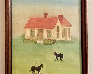 Item 57:  "House with Horses" Watercolor Signed Mary Maguire - 11" x 12.25": $175