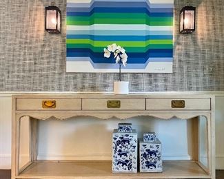 Item 89:  Hickory Chair "Peony Console" in Swedish White inspired by Asian antique side table  - 75"l x 18"w x 34"h:  $775