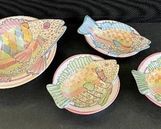 Item 94:  Mackenzie-Childs Fish Bowl (left) - 11.5":   $245                                                                                                         Item 95:  Mackenzie-Childs Fish Bowl (upper right - blue fin) - 7.5":  $95                                                                                                                        Item 96:  (2) Mackenzie-Childs Fish Bowls - 6.75": $165 for both