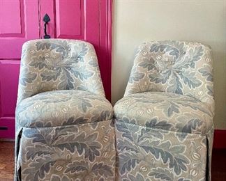 Item 106:  (2) Small Upholstered Blue, Grey and White Slipper Chairs - 21"l x 21.5"w x 33"h: $345 for pair