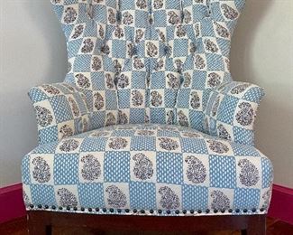 Item 107: Mid Victorian Barrel Back Upholstered Wing Armchair with Nailhead Trim - 29.5"l x 23.5"w x 46"h: $375