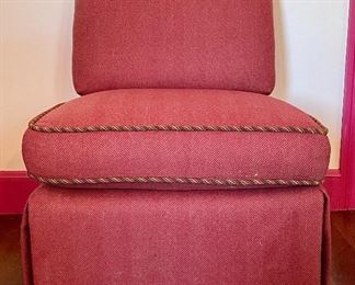 Item 110:  Wool Upholstered Slipper Chair, Punch with pink and green piping- 25.5"l x 21"w x 33"h (note - the underside of the bottom cushion is damaged): $275