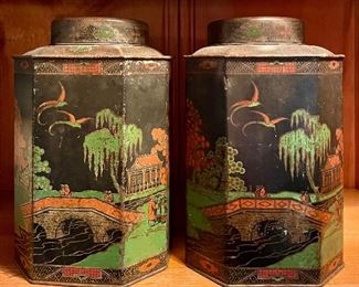 Item 133:  (2) Antique Asian Tea Tins - 8.5": $38 for pair