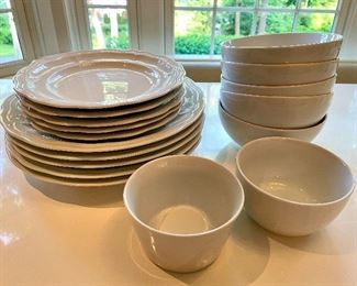 Item 142:  (5) Salad & (5) Dinner Pillivuyt Plates (left): $38                                                                                                            Item 143:  (5) Crate & Barrel Bowls (far right):  $22
