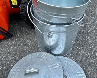 Item 159:  (2) Small Stainless Steel Buckets with Lids - good for dog or cat food!:  $12/ea