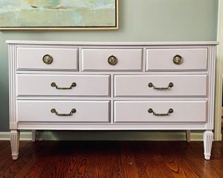 7-Drawer Bureau with High-Gloss Lavender Finish and Glass Top. Round drawer pulls feature Victorian backplate. Photo 1 of 2.