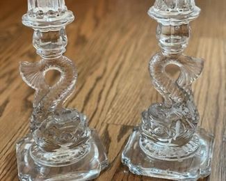 Vintage Depression Glass Fish Candlesticks.