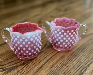 Fenton Opalescent Cranberry Hob Nob Creamer & Sugar.