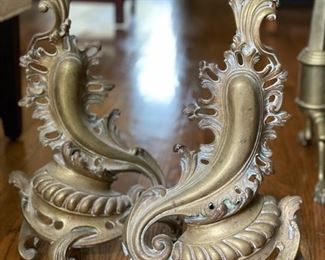 Pair of Brass Antique French Rococo Design Fireplace Andirons.