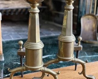 Pair of Early American Cannonball Brass Andirons with Claw Feet.