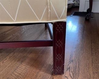 Vintage Henredon Camelback Sofa with rollover arms, fretwork legs, pale lemon upholstery and down-filled cushion. 75"W x 33"H x 20"D. Photo 2 of 2