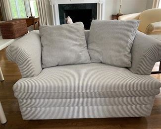 Marshall Fields Twin Hide-A-Bed upholstered in blue and white pinstripe upholstery.