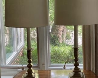 Pair of Fredrick Cooper Candlestick Table Lamps with white linen shades and modern glass-ball finials.