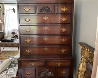Vintage Georgian Traditional Mahogany Highboy Tall Chest on Chest with carved shells and claw and ball feet by Kindel Furniture. Measures 80"H x 34"W x 18"D.