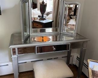 Glass Vanity Set with Mirror and Upholstered Stool.