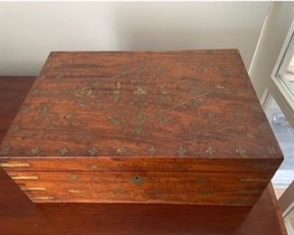 Antique Mahogany Jewelry Box with Brass Inlay. Photo 1 of 2