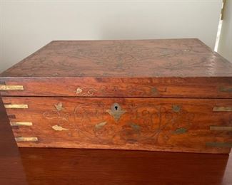 Antique Mahogany Jewelry Box with Brass Inlay. Photo 2 of 2