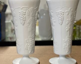 Set of Two Vintage Anchor Hocking Milk Glass Grapes & Leaves Vases.