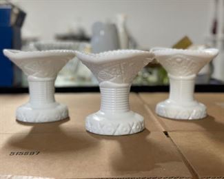 Set of Three Vintage McKee Milk Glass Vases with Ribbed Footed Bases.