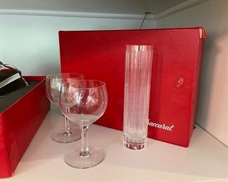 Baccarat Crystal Wine Glasses & Small Crystal Vase.