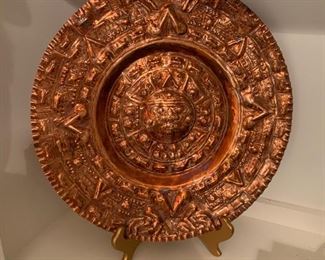 $42- Hand  tooled copper  Aztec calendar plate 