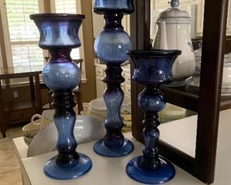 $34- Set of three blue candle holders 
