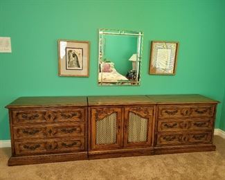 $50 ea 3pc Thomasville chests, 37" x 19" x 30" end pieces, middle 36" x 19" x 30", Art and mirrors not for sale