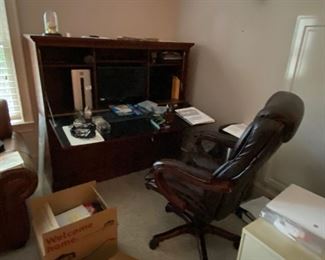 Consol desk (CHAIR NOT INCLUDED) 60"x54"x21" with drop desk 21". has file cabinets and storage on bottom. Mahogany finish